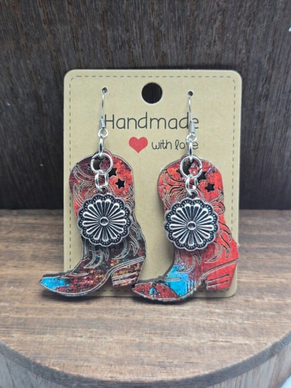 NWT Wood Cowgirl Boots Earrings Pierced Silver Tone Faux Turquoise Concho Farm